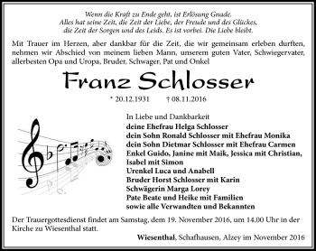 Traueranzeige von Franz Schlosser von Südthüringer Presse