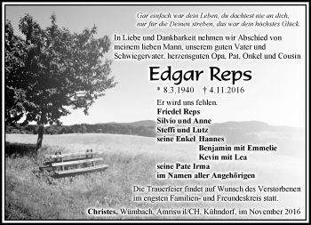Traueranzeige von Edgar Reps von Südthüringer Presse