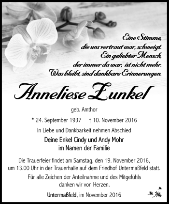 Traueranzeige von Anneliese Zunkel von Südthüringer Presse