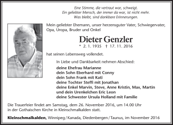 Traueranzeige von Dieter Genzler von Südthüringer Presse