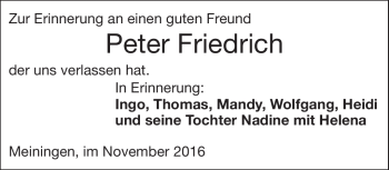 Traueranzeige von Peter Friedrich von Südthüringer Presse