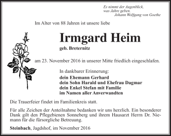 Traueranzeige von Irmgard Heim von Südthüringer Presse