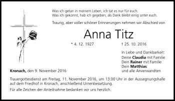 Traueranzeige von Anna Titz von Neue Presse Coburg