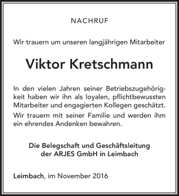 Traueranzeige von Viktor Kretschmann von Südthüringer Presse