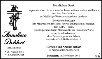 Traueranzeige von Anneliese Behlert von Südthüringer Presse