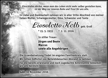 Traueranzeige von Lieselotte Kolb von Südthüringer Presse