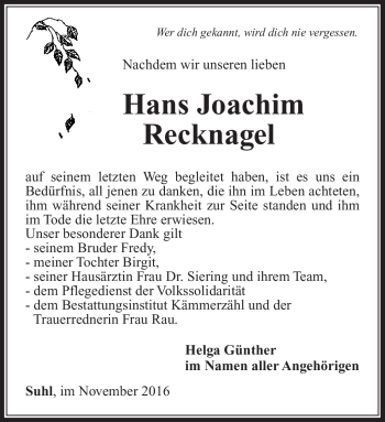 Traueranzeige von Hans Joachim Recknagel von Südthüringer Presse