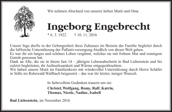 Traueranzeige von Ingeborg Engebrecht von Südthüringer Presse
