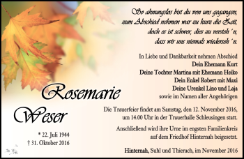 Traueranzeige von Rosemarie Weser von Südthüringer Presse