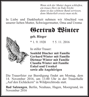 Traueranzeige von Gertrud Winter von Südthüringer Presse
