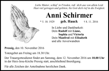Traueranzeige von Anni Schirmer von Neue Presse Coburg