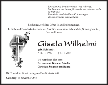 Traueranzeige von Gisela Wilhelmi von Südthüringer Presse