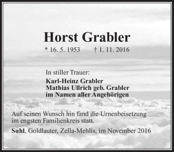 Traueranzeige von Horst Grabler von Südthüringer Presse