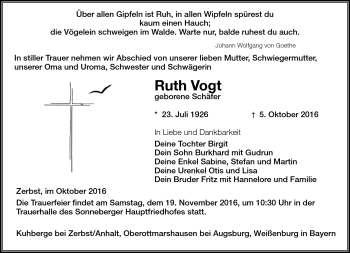 Traueranzeige von Ruth Vogt von Südthüringer Presse