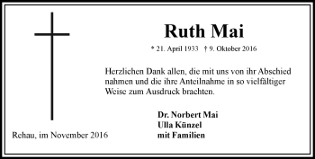 Traueranzeige von Ruth Mai von Frankenpost