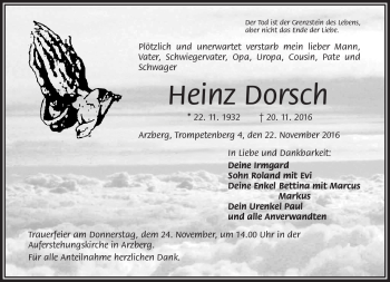Traueranzeige von Heinz Dorsch von Frankenpost