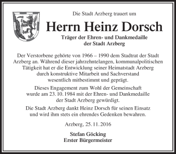 Traueranzeige von Heinz Dorsch von Frankenpost