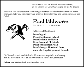Traueranzeige von Paul Uhlworm von Südthüringer Presse