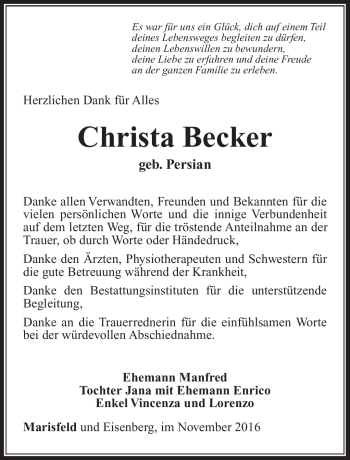 Traueranzeige von Christa Becker von Südthüringer Presse