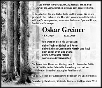 Traueranzeige von Oskar Greiner von Südthüringer Presse