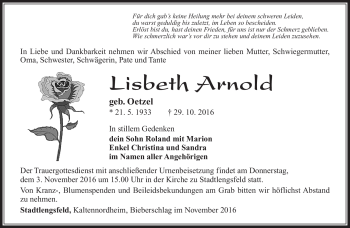 Traueranzeige von Lisbeth Arnold von Südthüringer Presse