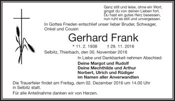 Traueranzeige von Gerhard Frank von Frankenpost