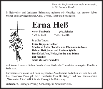 Traueranzeige von Erna Heß von Südthüringer Presse