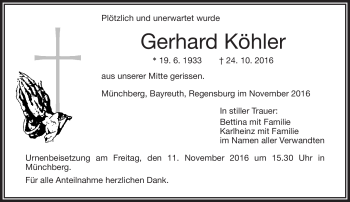 Traueranzeige von Gerhard Köhler von Frankenpost
