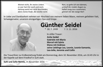 Traueranzeige von Günther Seidel von Südthüringer Presse