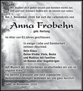 Traueranzeige von Anna Frobehn von Südthüringer Presse