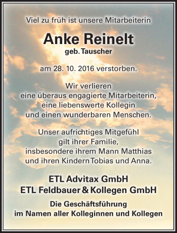 Traueranzeige von Anke Reinelt von Südthüringer Presse