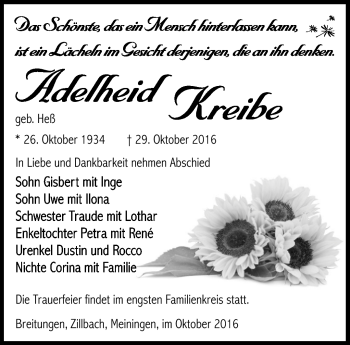 Traueranzeige von Adelheid Kreibe von Südthüringer Presse