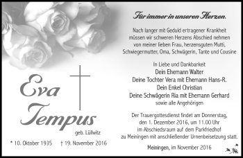 Traueranzeige von Eva Tempus von Südthüringer Presse
