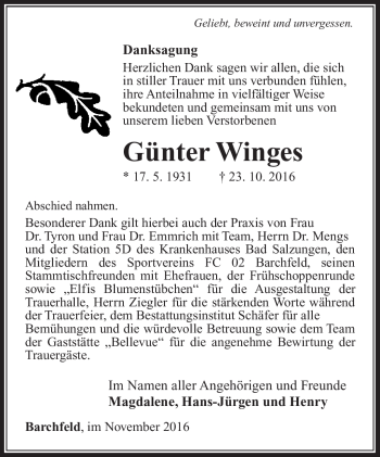 Traueranzeige von Günter Winges von Südthüringer Presse