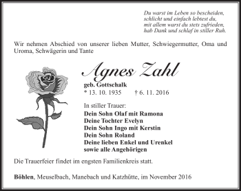 Traueranzeige von Agnes Zahl von Südthüringer Presse