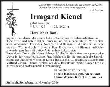 Traueranzeige von Irmgard Kienel von Südthüringer Presse