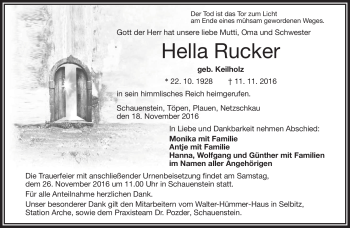Traueranzeige von Hella Rucker von Frankenpost