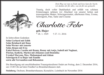 Traueranzeige von Charlotte Fehr von Südthüringer Presse