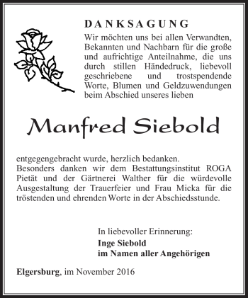 Traueranzeige von Manfred Siebold von Südthüringer Presse