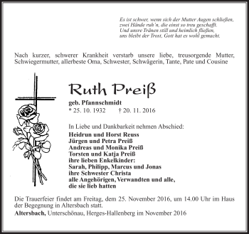 Traueranzeige von Ruth Preiß von Südthüringer Presse
