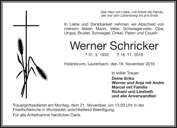 Traueranzeige von Werner Schricker von Frankenpost