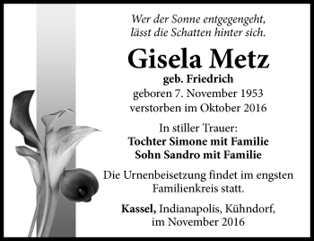 Traueranzeige von Gisela Metz von Südthüringer Presse