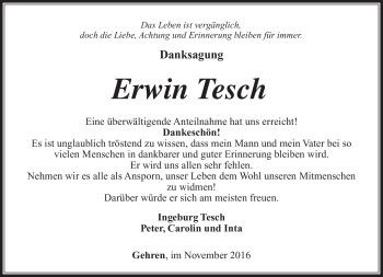 Traueranzeige von Erwin Tesch von Südthüringer Presse