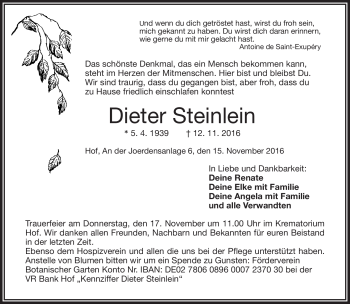 Traueranzeige von Dieter Steinlein von Frankenpost