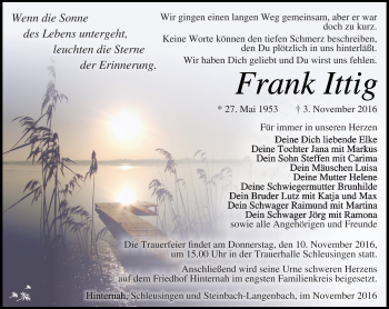 Traueranzeige von Frank Ittig von Südthüringer Presse