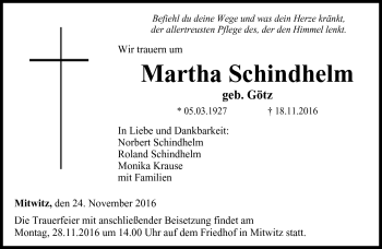 Traueranzeige von Martha Schindhelm von Neue Presse Coburg