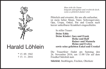 Traueranzeige von Harald Löhlein von Südthüringer Presse