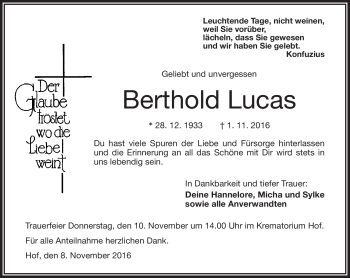 Traueranzeige von Berthold Luca von Frankenpost