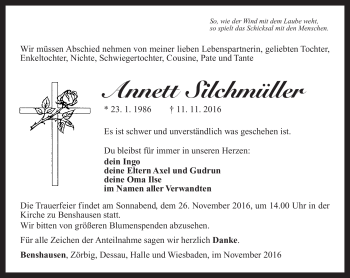 Traueranzeige von Annett Silchmüller von Südthüringer Presse