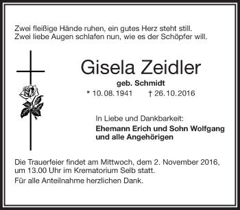 Traueranzeige von Gisela Zeidler von Frankenpost